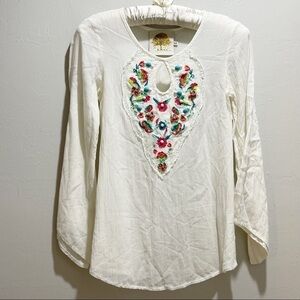 MISSY ROBERTSON Women’s Ivory Gauze Bell Sleeve Embroidered Boho Top Size M